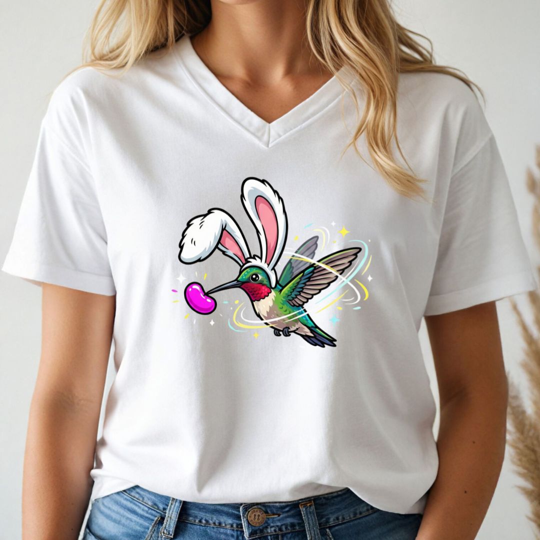 Person wearing a white t-shirt with a colorful graphic design of a bird with bunny ears.