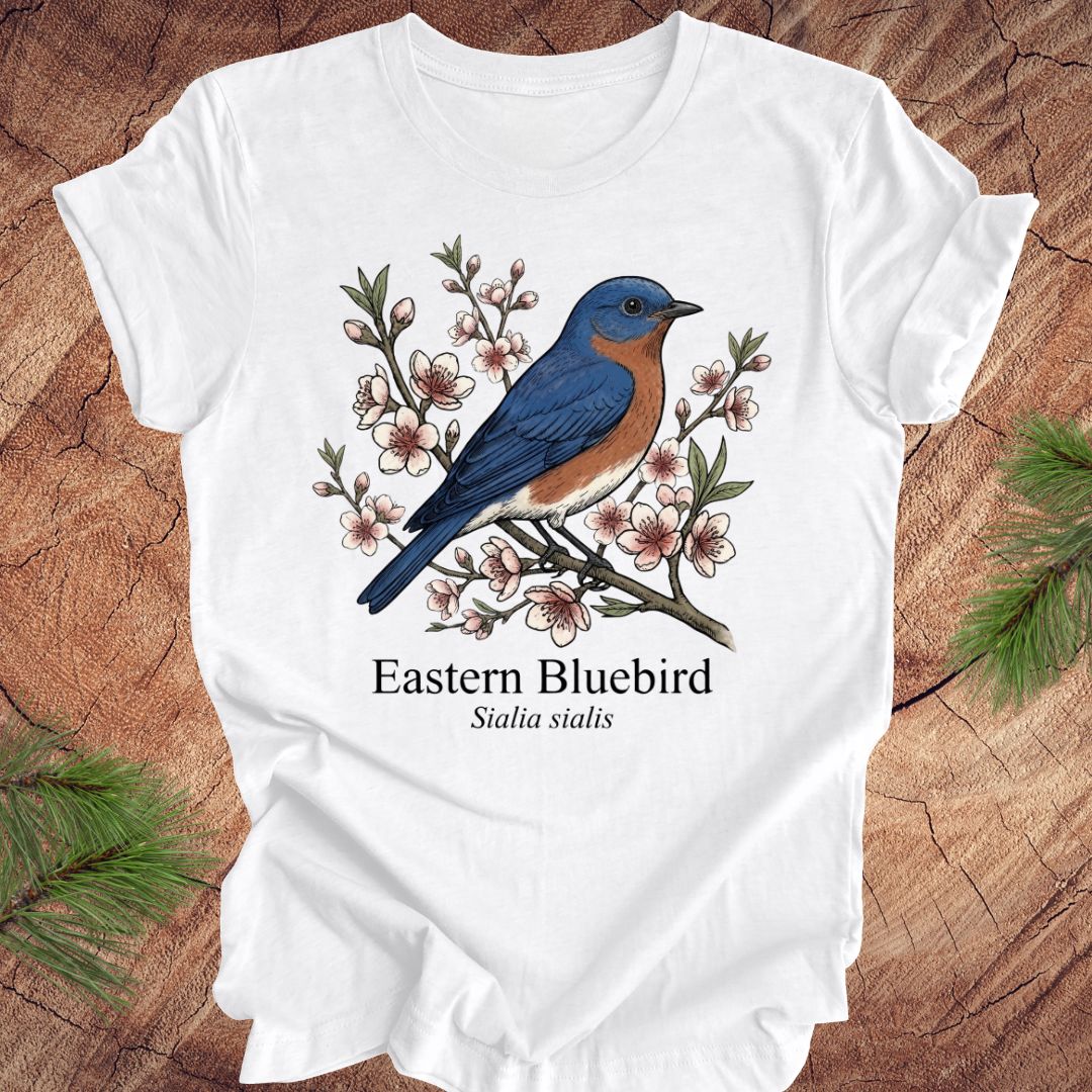 White t-shirt with an illustration of an Eastern Bluebird on a wooden surface