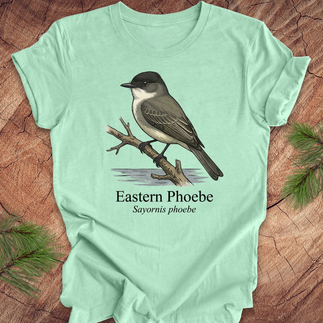 Mint green t-shirt with an illustration of an Eastern Phoebe bird on a wooden surface.
