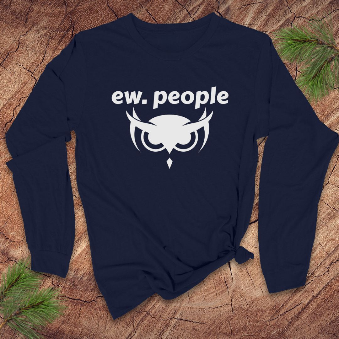 Navy blue long-sleeve shirt with 'ew. people' text and owl graphic on a wooden surface.