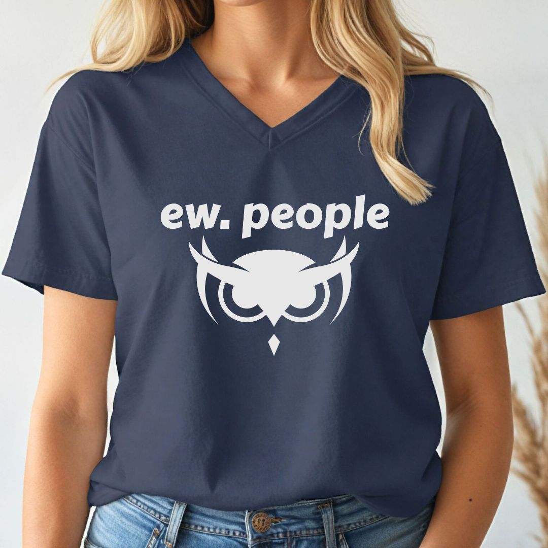 Navy blue  v-neck t-shirt with 'ew. people' text and white graphic design worn by a person.