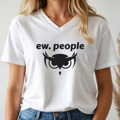 White v-neck t-shirt with black owl graphic and 'ew. people' text worn by a person.