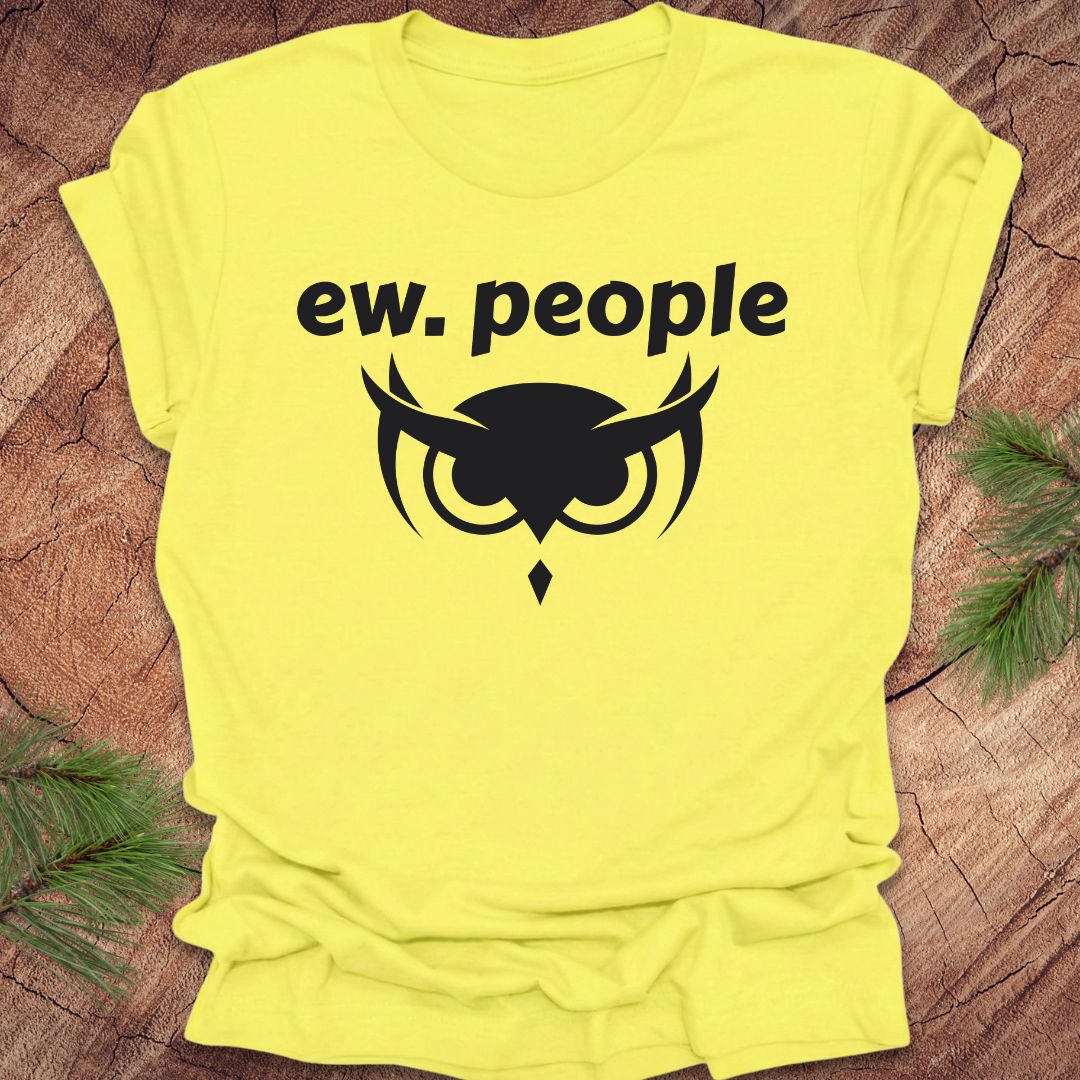 Yellow t-shirt with 'ew. people' text and graphic on a wooden surface