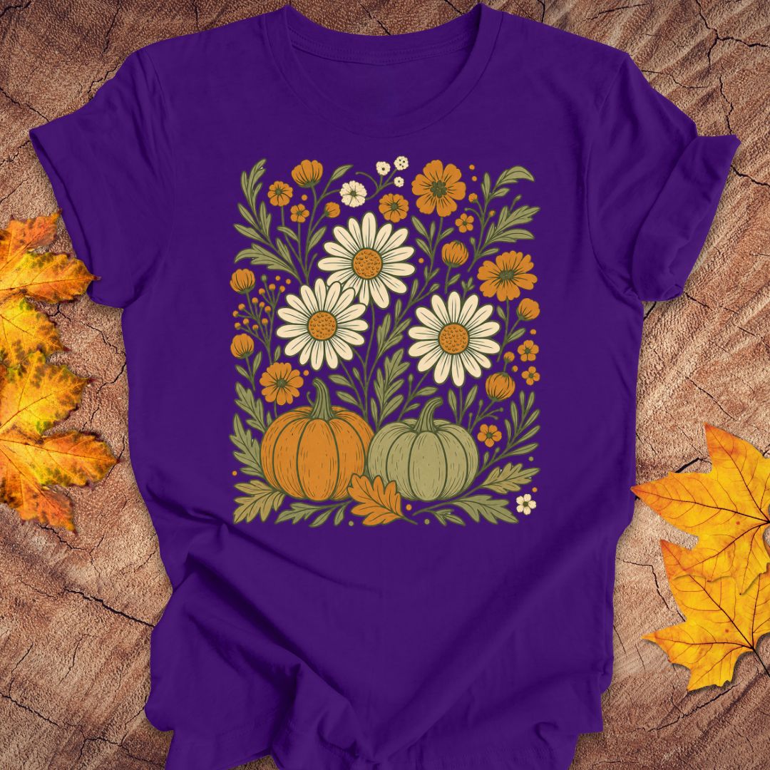 A purple short-sleeve t-shirt with a retro autumn floral graphic, laid flat on a rustic wood background with scattered yellow and orange leaves.