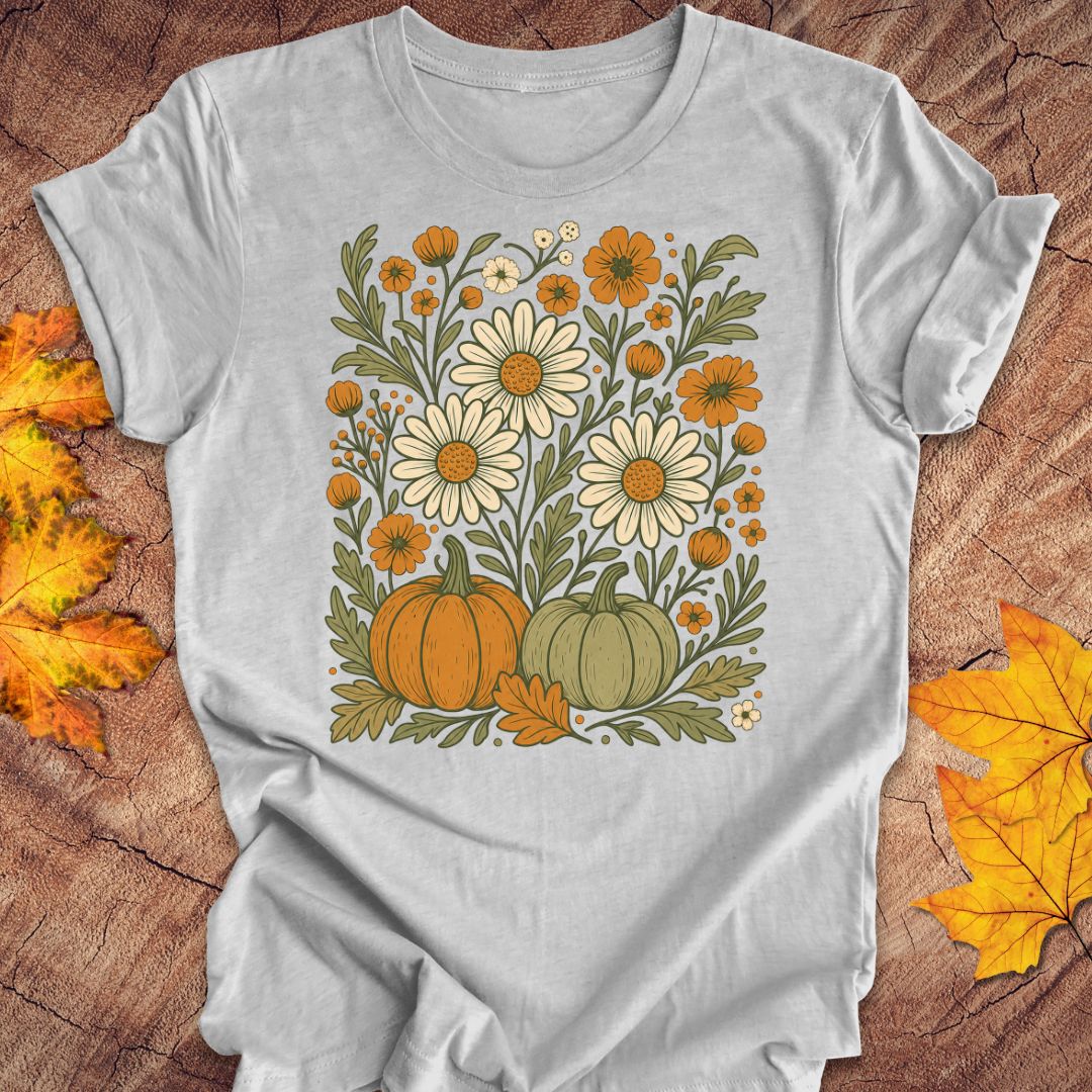 A light gray short-sleeve t-shirt with a retro autumn graphic of daisies, pumpkins, and fall leaves, laid flat on a rustic wood background with scattered yellow leaves.