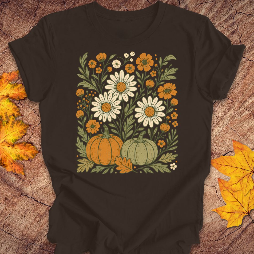 A brown short-sleeve t-shirt with a vintage-style autumn floral graphic featuring daisies, pumpkins, and fall leaves, laid flat on a rustic wood background with scattered autumn leaves.