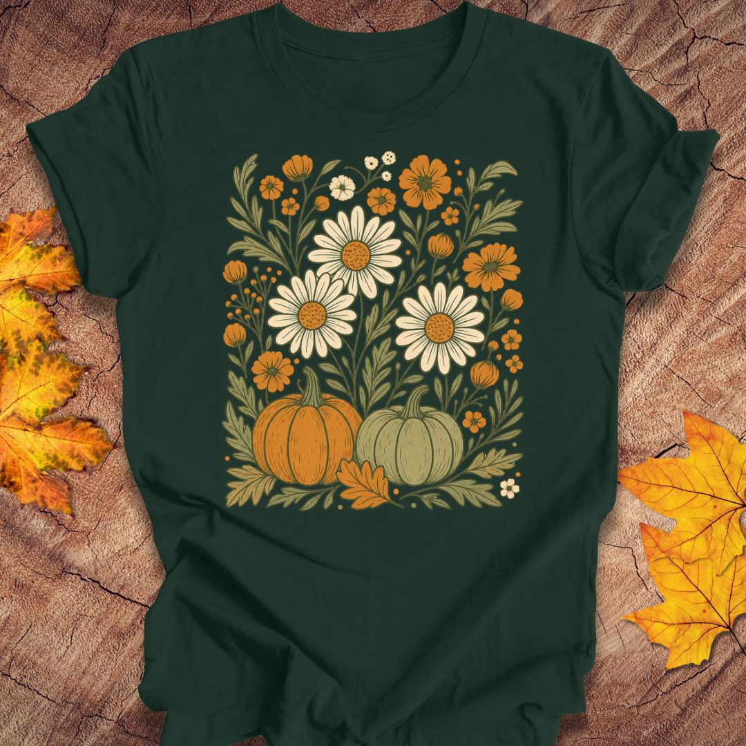 A dark forest green short-sleeve t-shirt with a vintage-style autumn floral graphic, laid flat on a rustic wood background with yellow and orange leaves.