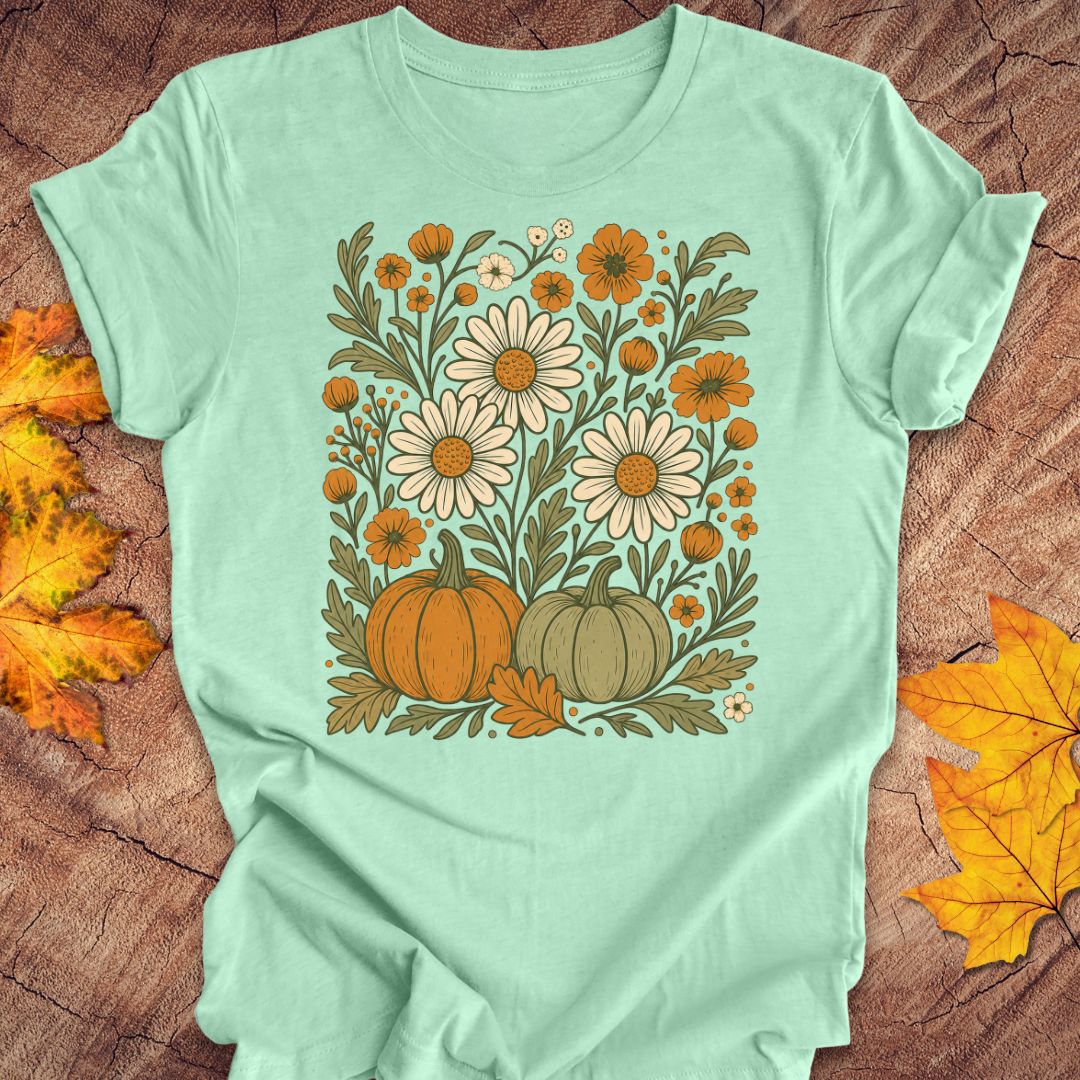 A mint green short-sleeve t-shirt with a retro autumn floral graphic, laid flat on a rustic wood background with scattered yellow and orange leaves.