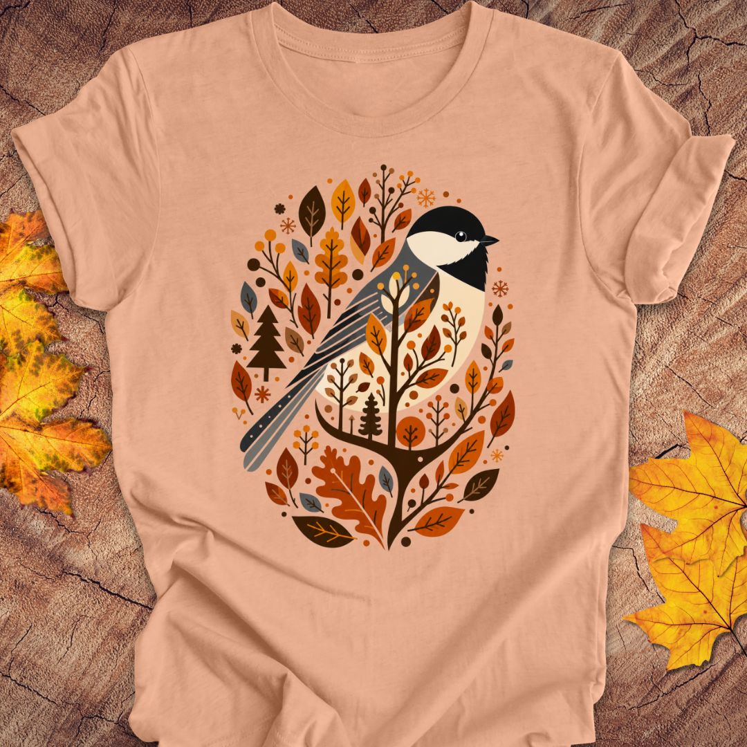 A peach-colored short-sleeve t-shirt laid flat on a rustic wood surface, featuring a central graphic of a bird surrounded by autumn leaves and tree branches in orange, brown, yellow, and black. Yellow maple leaves are placed around the edges of the frame.