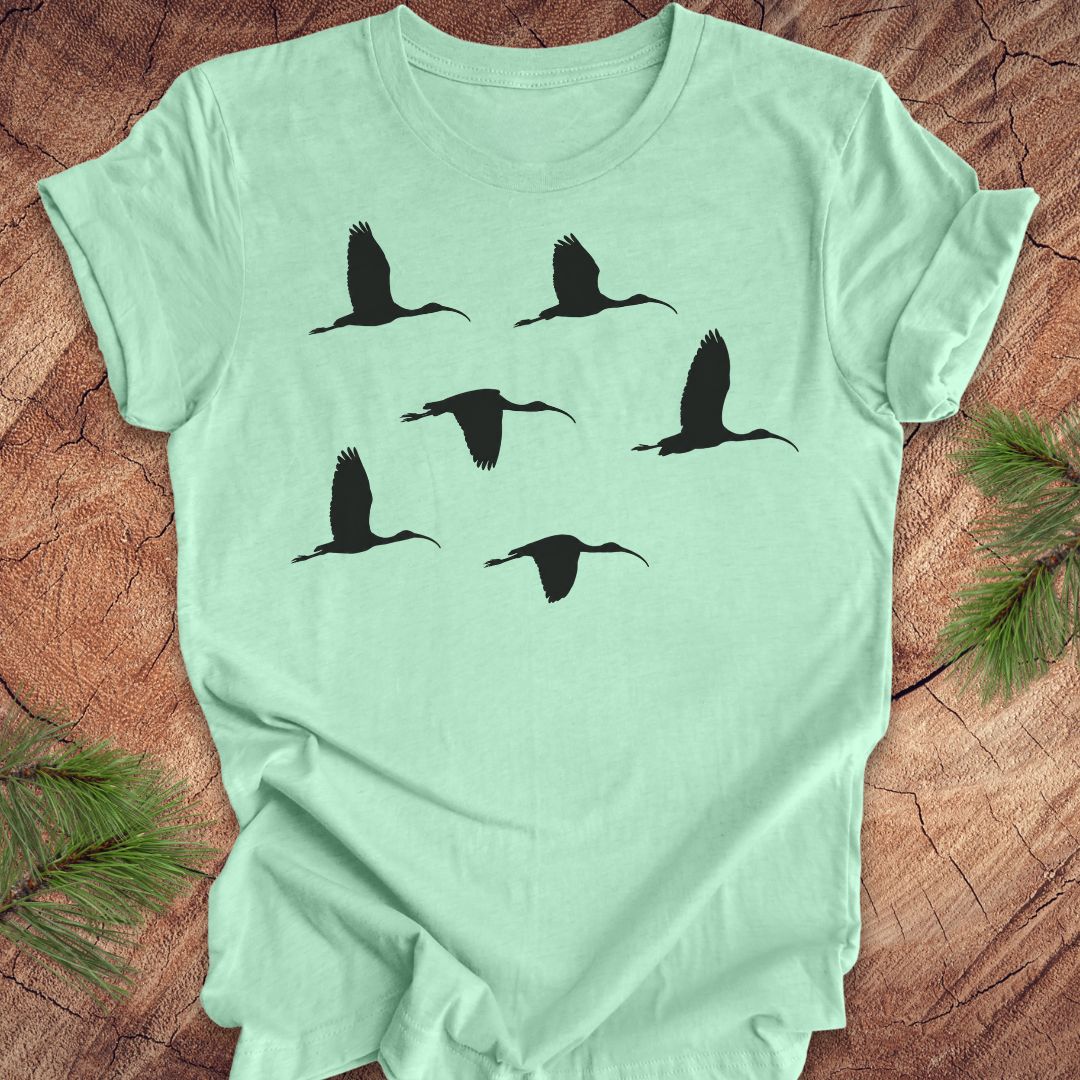 Mint green t-shirt with black ibis bird silhouettes on a wooden surface