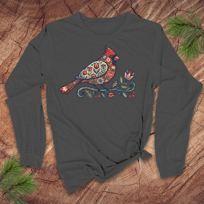 Dark gray long-sleeve shirt with a colorful cardinal design on a wooden surface.