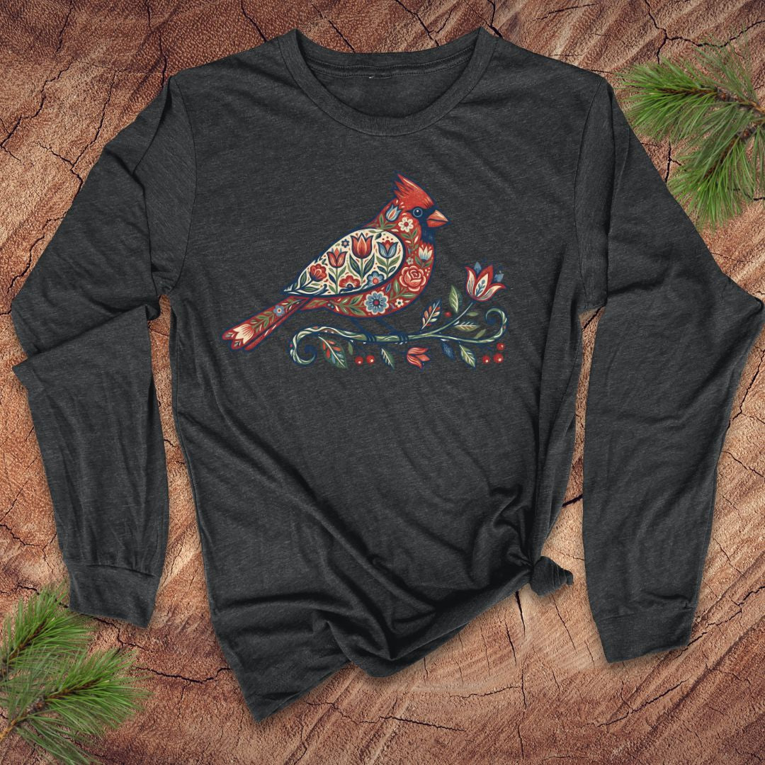 Dark gray long-sleeve shirt with a colorful cardinal design on a wooden surface.