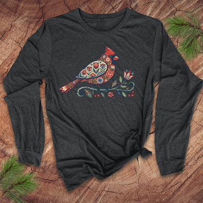 Dark gray long-sleeve shirt with a colorful cardinal design on a wooden surface.