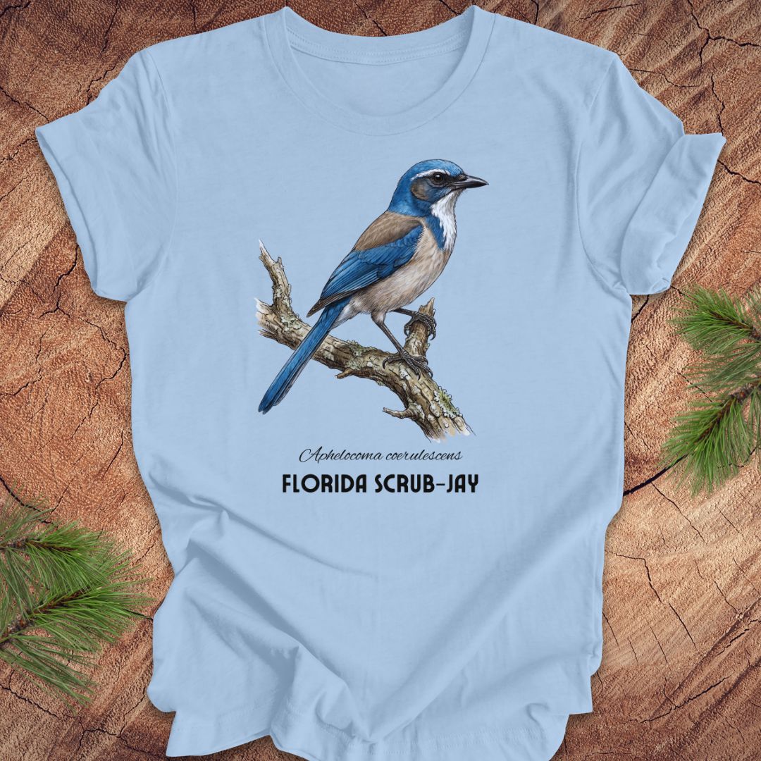 Light blue t-shirt with a Florida Scrub-Jay design on a wooden surface.