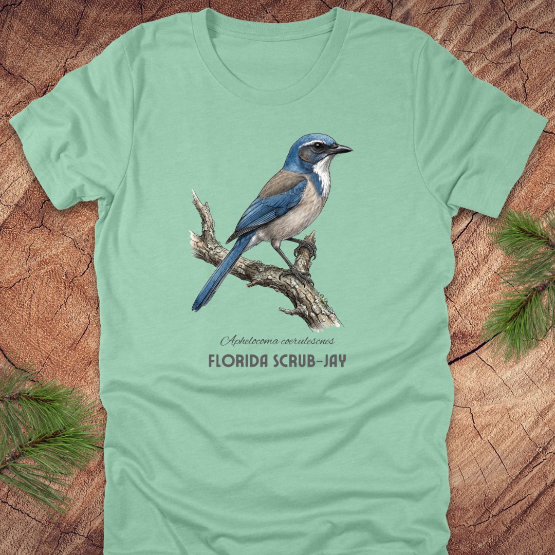 Light green t-shirt with a Florida Scrub-Jay design on a wooden surface.