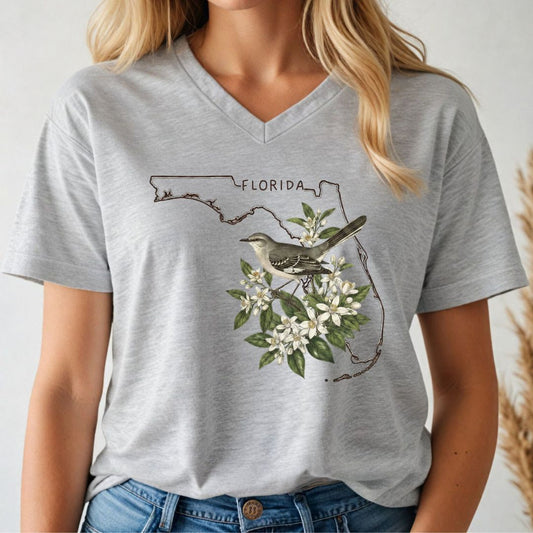 Person wearing a gray t-shirt with a Florida-themed design featuring a mockingbird and flowers.