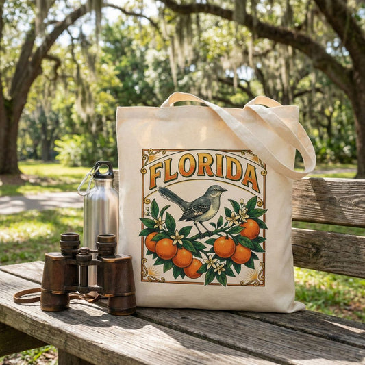 Tote bag with Florida design featuring oranges and a mockingbird, placed on a wooden bench outdoors.