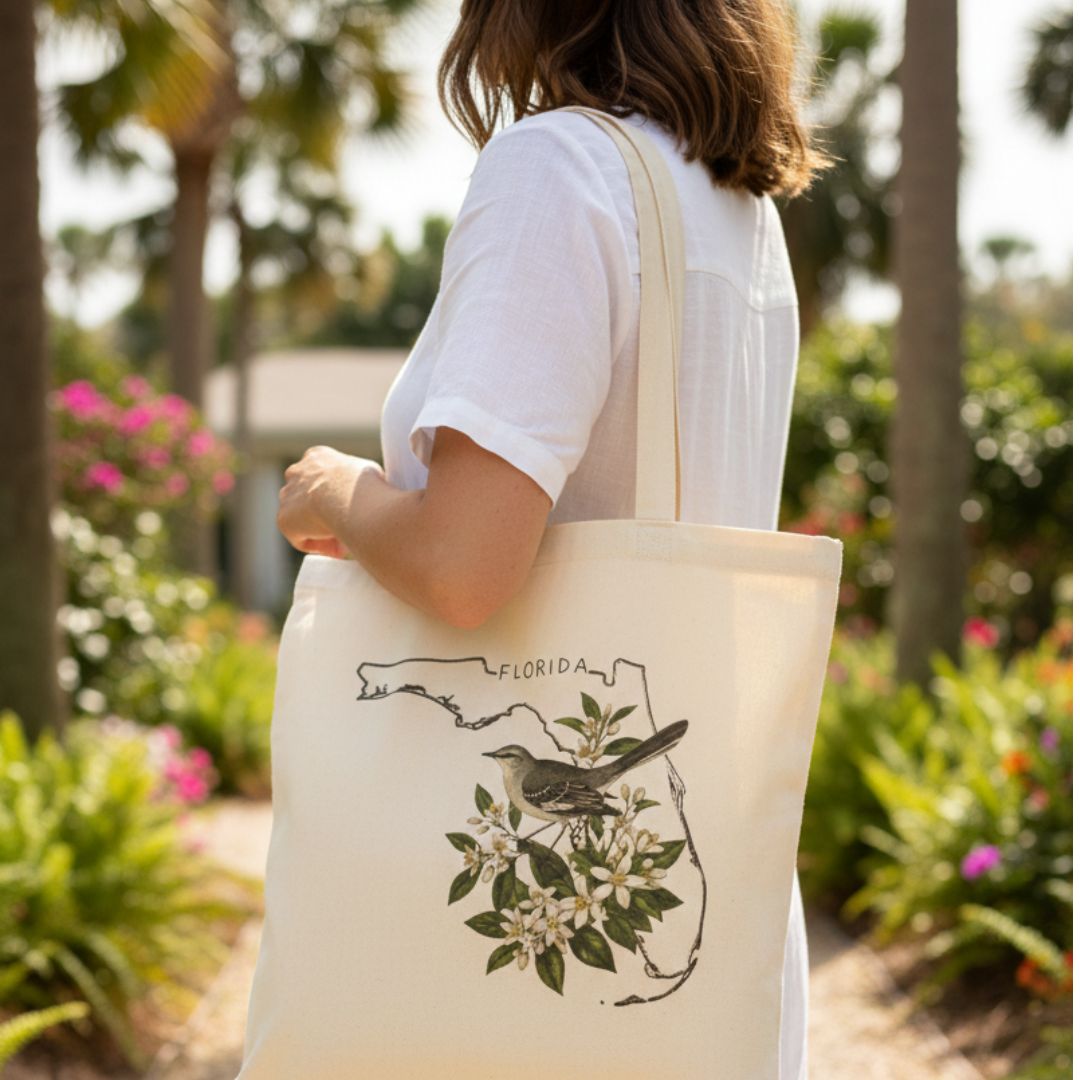 Person holding a tote bag with a Florida bird design in a garden setting