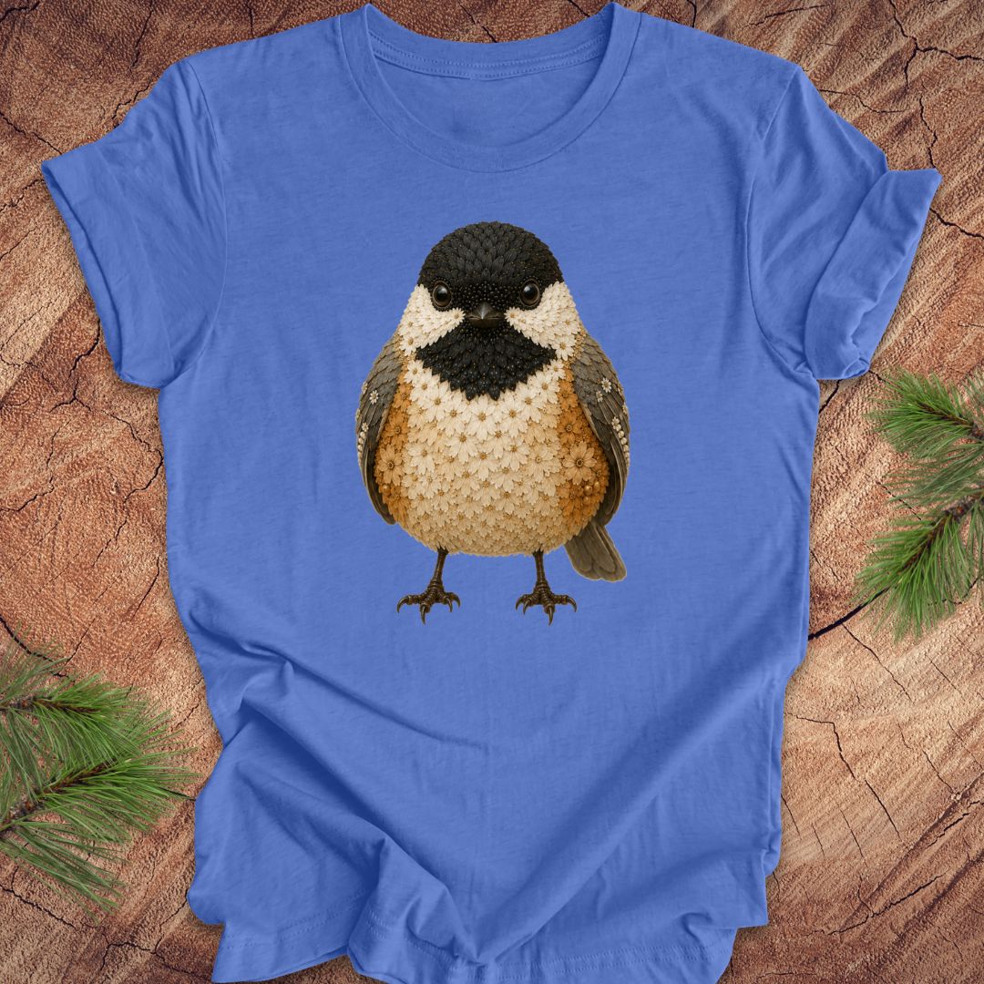 Blue t-shirt with a chickadee made of flowers on a wood background.