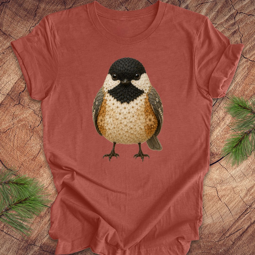Clay colored t-shirt with a chickadee made of flowers on a wood background.