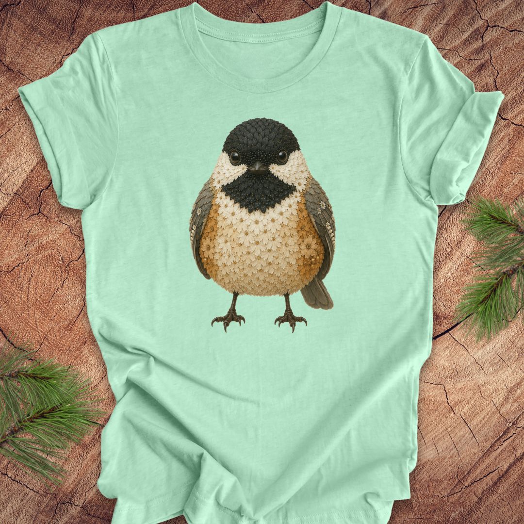 Mint green t-shirt with a chickadee made of flowers on a wood background.