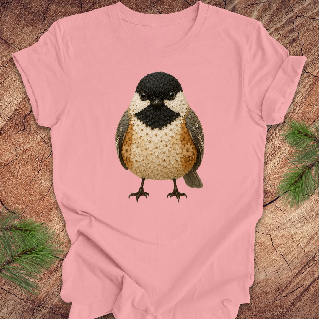 Pink t-shirt with a chickadee made of flowers on a wood background.