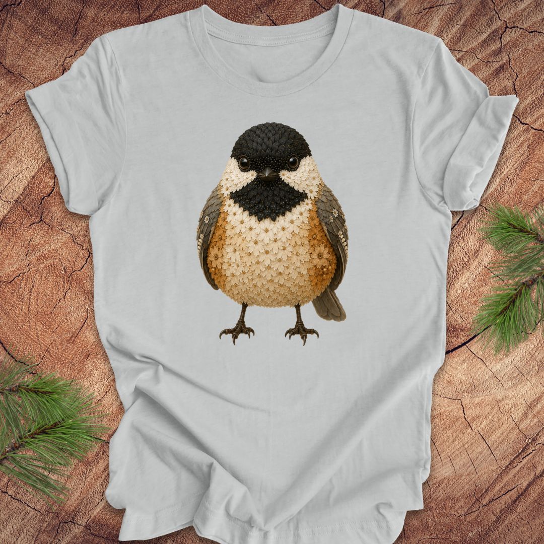 Gray t-shirt with a chickadee made of flowers on a wood background.
