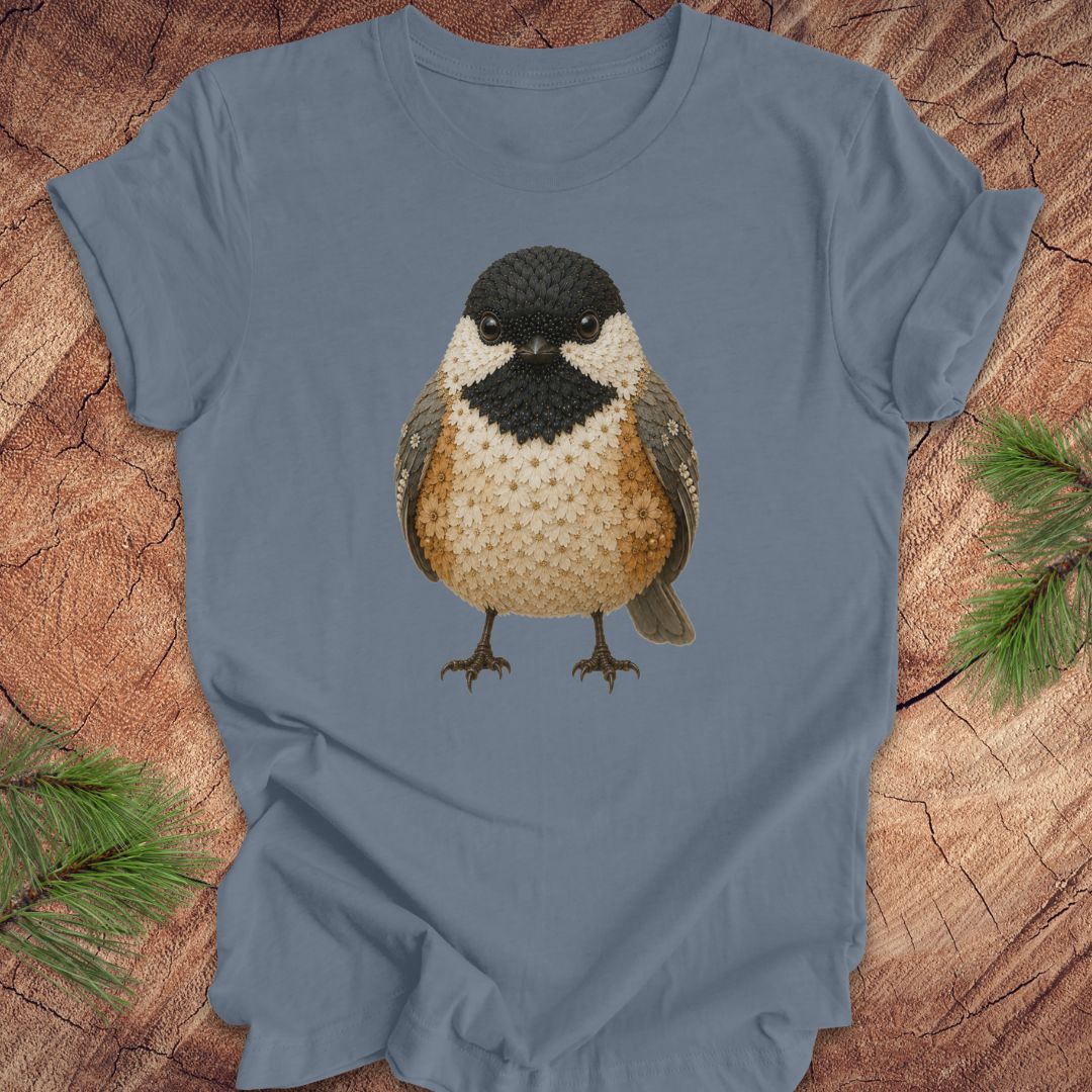 Blue t-shirt with a chickadee made of flowers on a wood background.