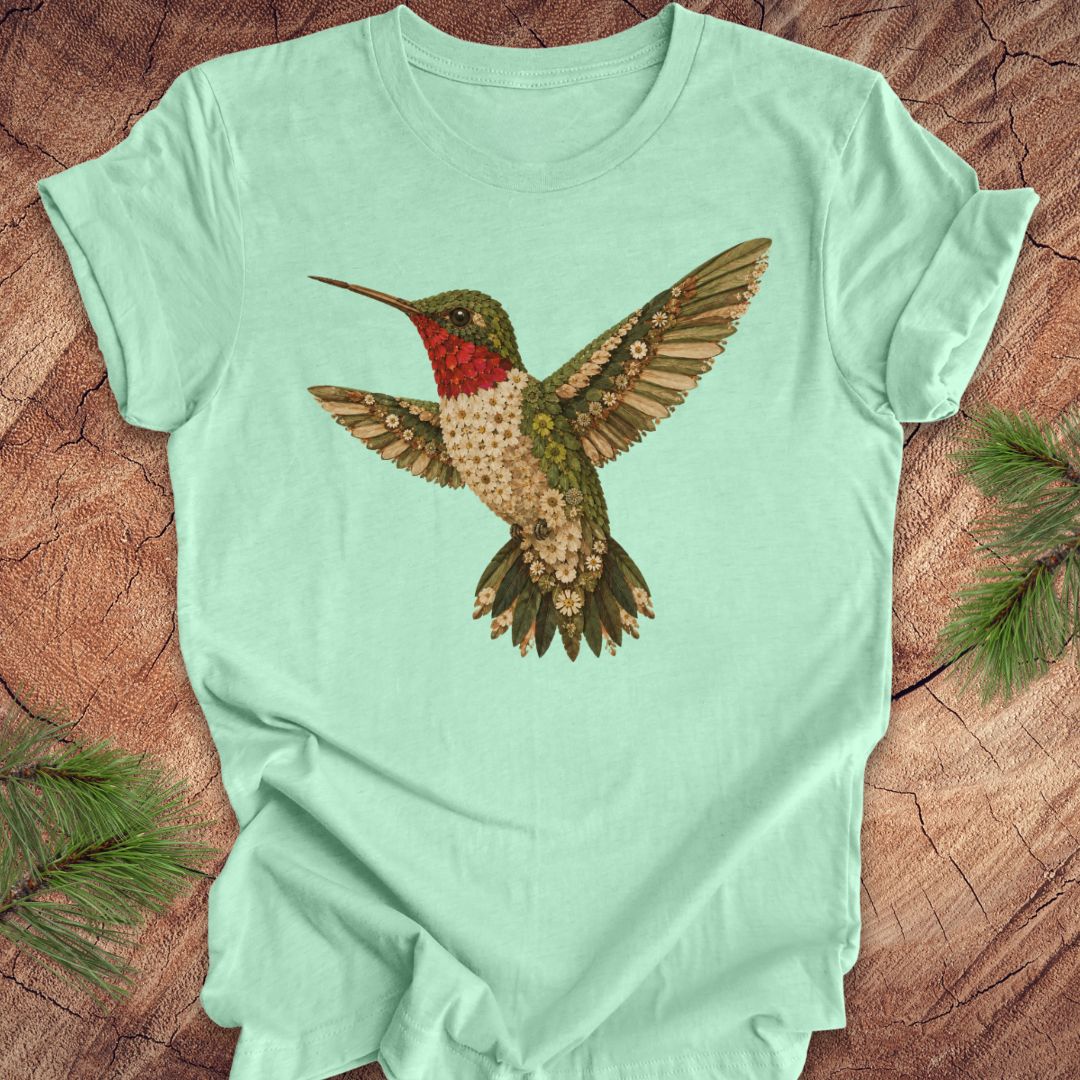 Mint green t-shirt with a hummingbird and flower design on a wooden surface.