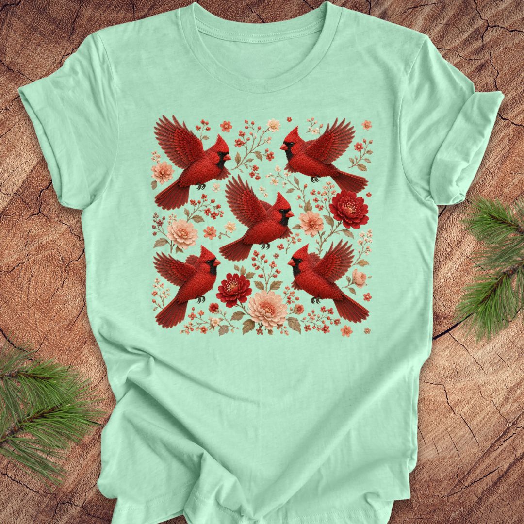 Mint green t-shirt with cardinals and flowers on a wood background.