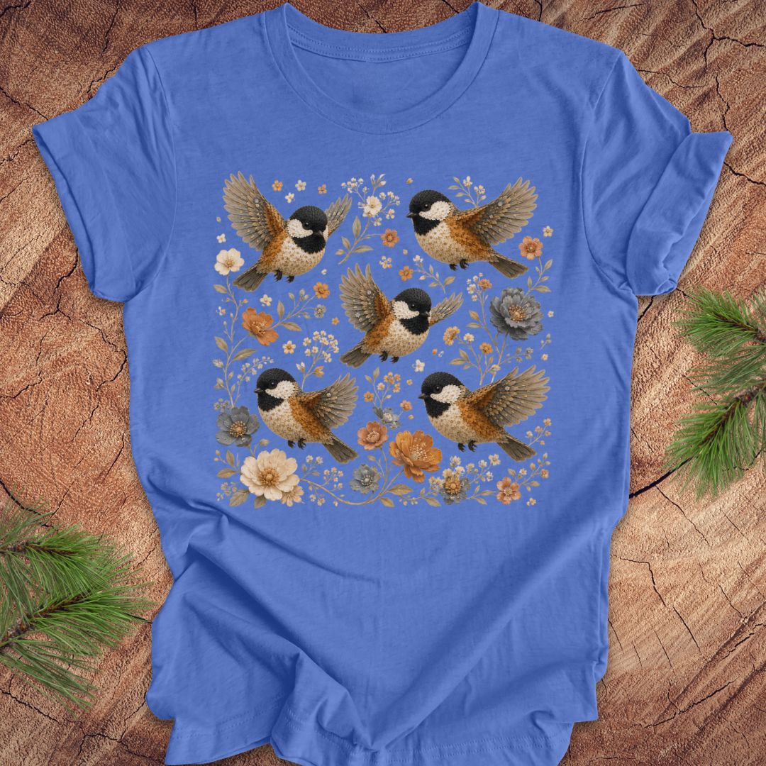 Blue t-shirt with chickadees and flowers on a wood background.