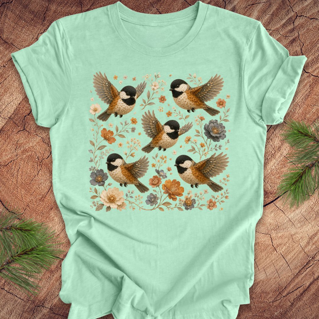 Mint green t-shirt with chickadees and flowers on a wood background.