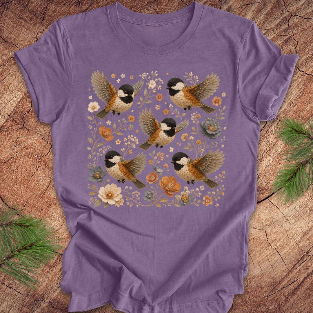 Purple t-shirt with chickadees and flowers on a wood background.