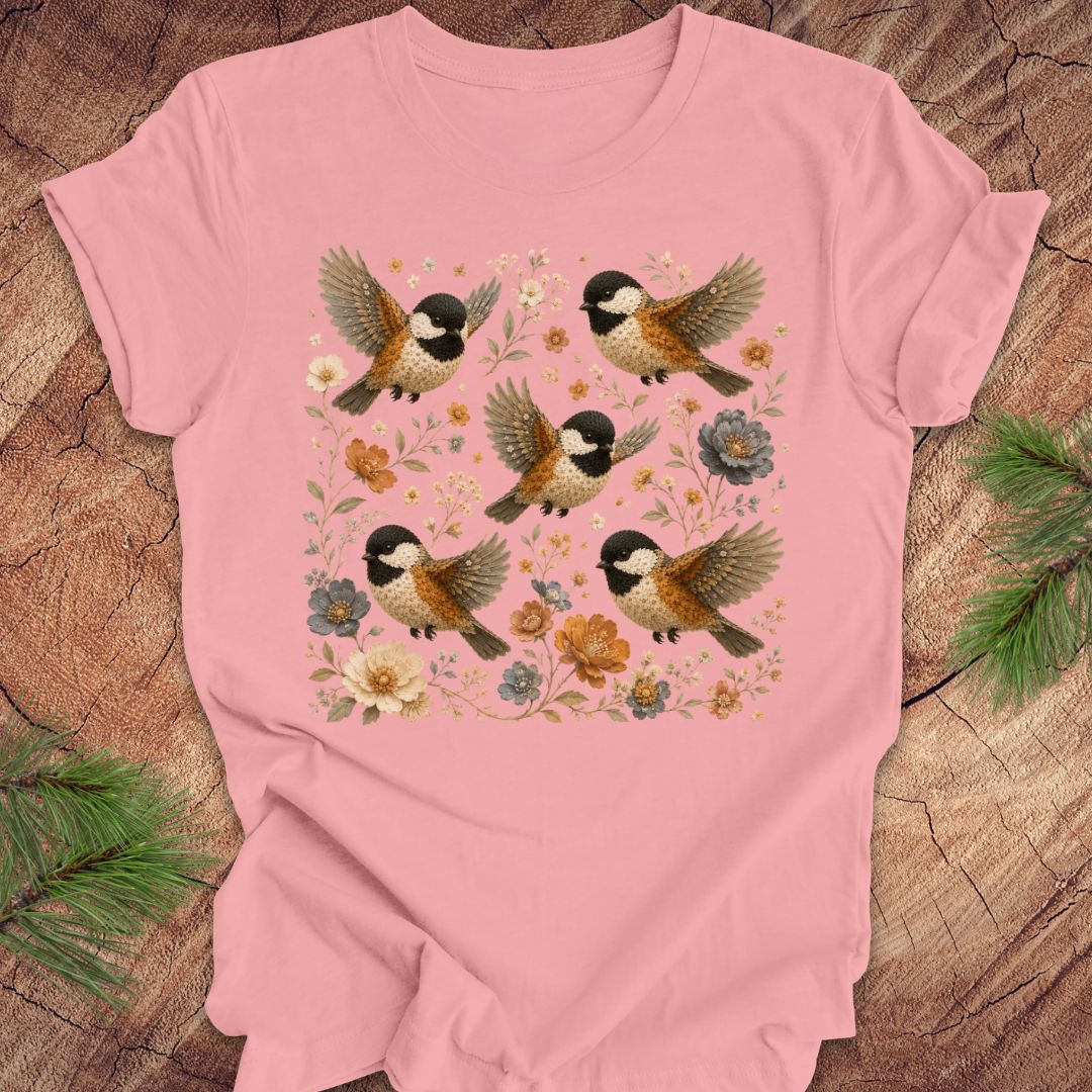 Pink t-shirt with chickadees and flowers on a wood background.