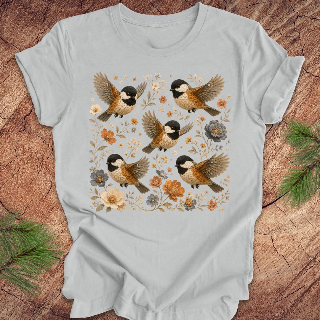 Gray t-shirt with chickadees and flowers on a wood background.