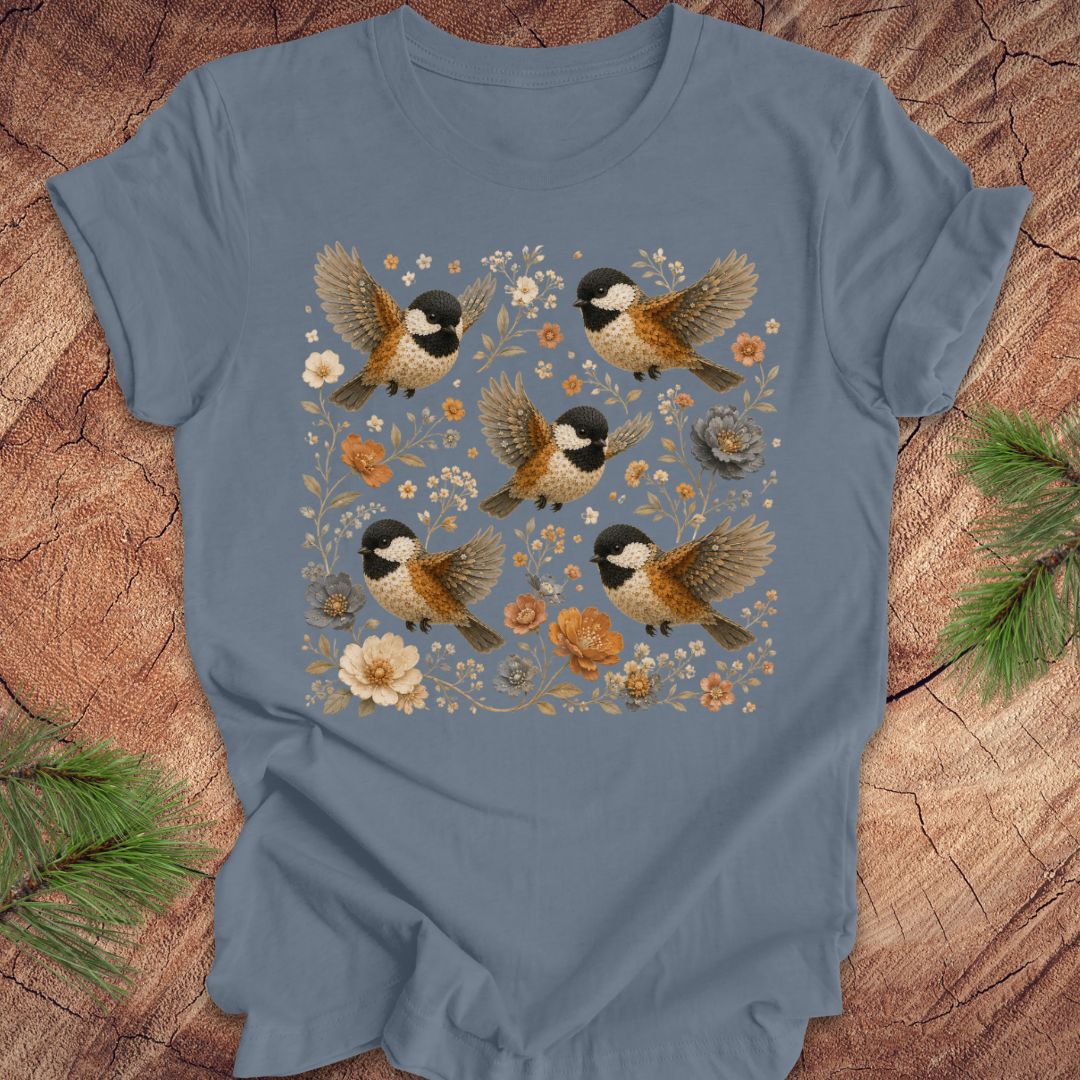 Blue t-shirt with chickadees and flowers on a wood background.