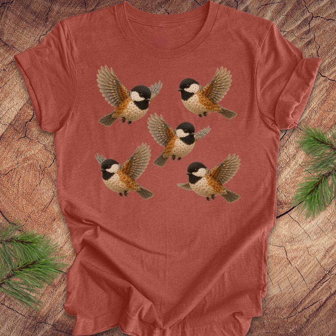 Clay colored t-shirt with 5 flower chickadees on a wood background.