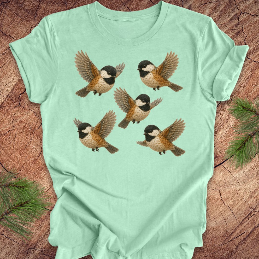 Mint green t-shirt with 5 flower chickadees on a wood background.