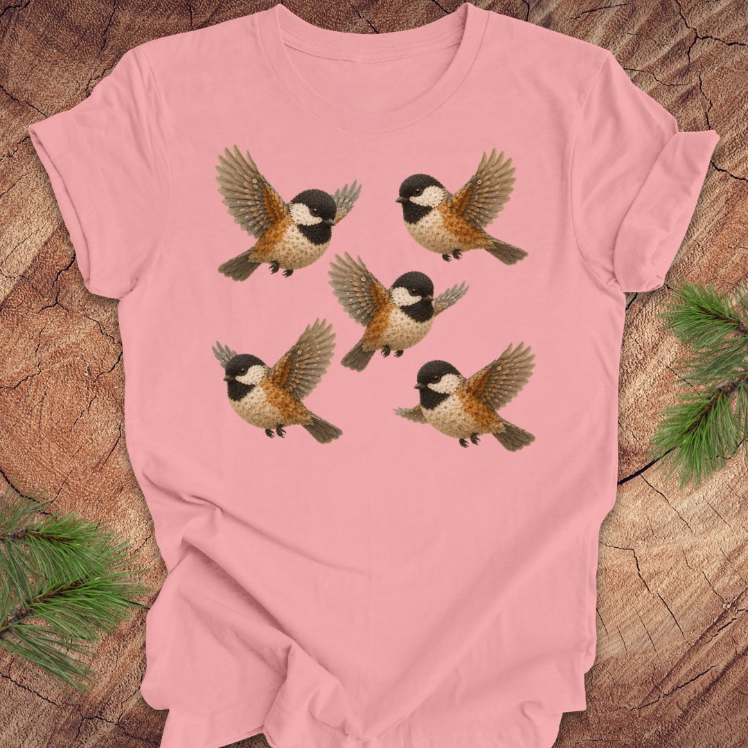 Pink t-shirt with 5 flower chickadees on a wood background.