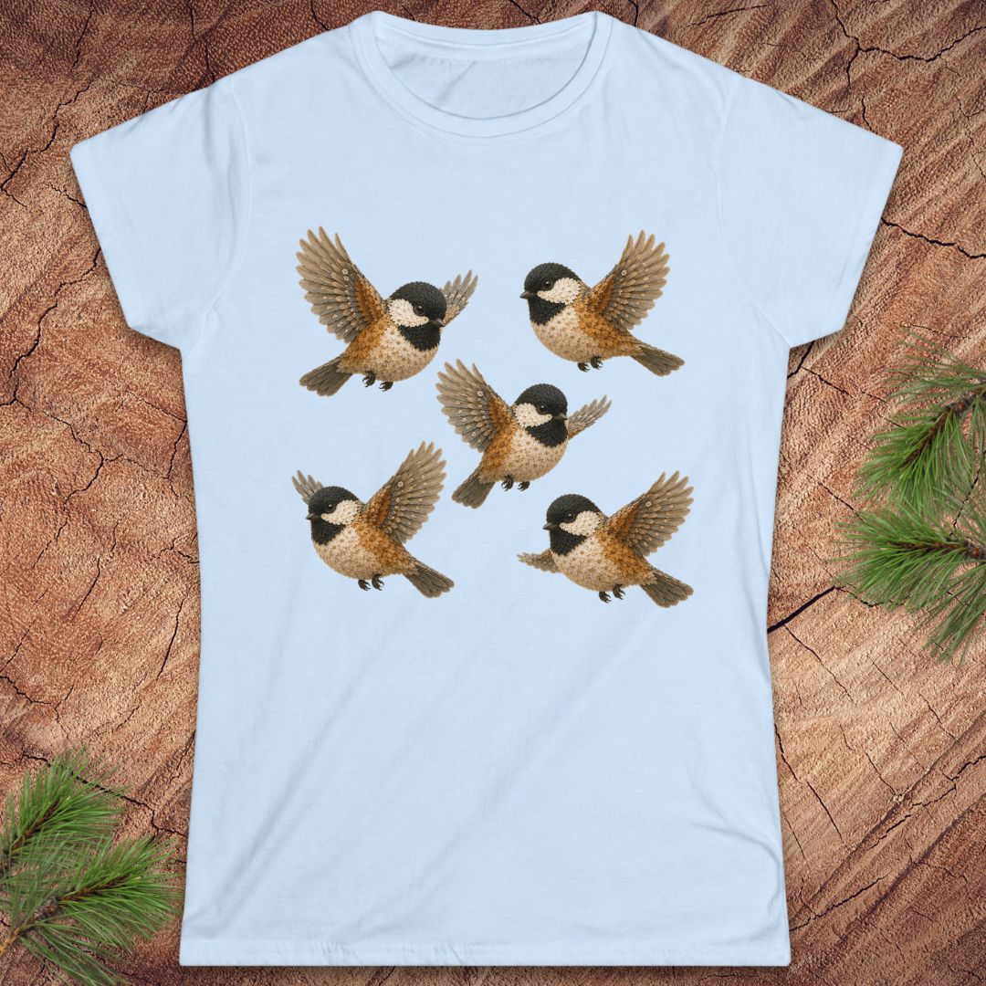 Blue women's t-shirt with 5 chickadees on a wood background. 