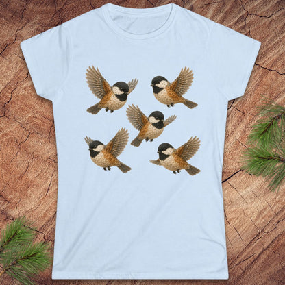 Blue women's t-shirt with 5 chickadees on a wood background. 