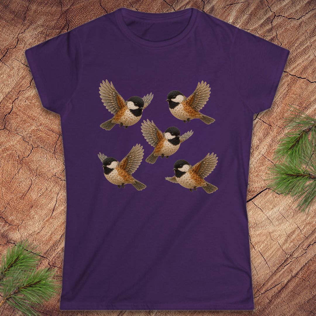 Purple women's t-shirt with 5 chickadees on a wood background. 