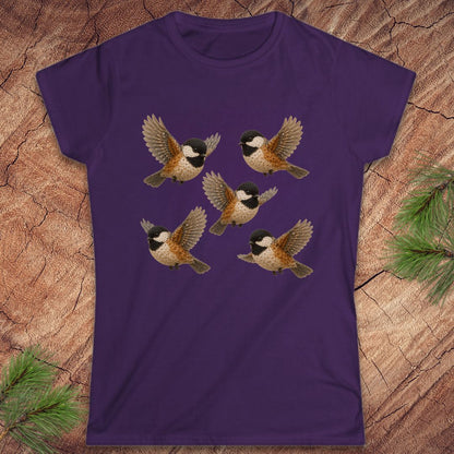 Purple women's t-shirt with 5 chickadees on a wood background. 