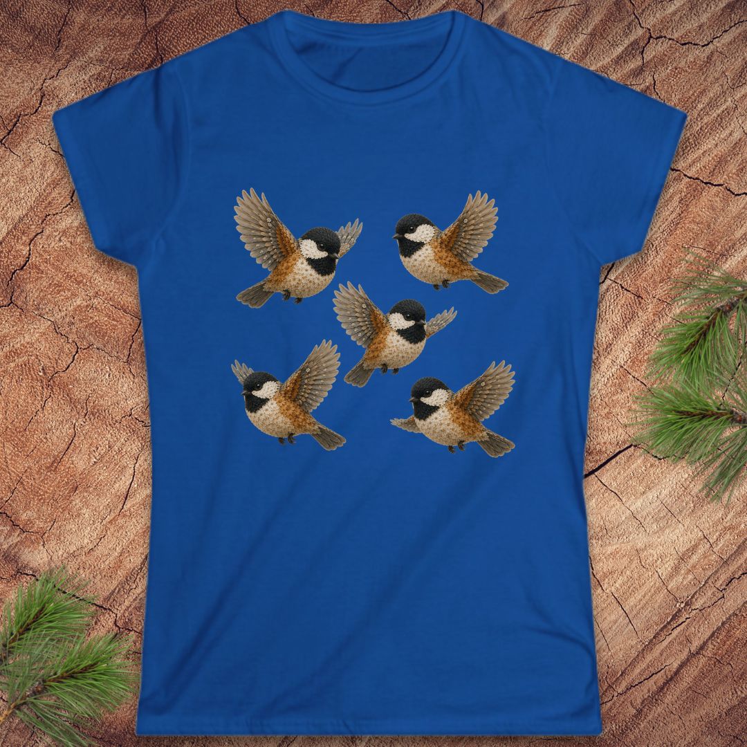Blue women's t-shirt with 5 chickadees on a wood background. 