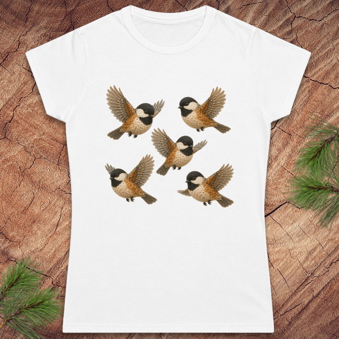 White women's t-shirt with 5 chickadees on a wood background. 