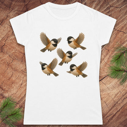 White women's t-shirt with 5 chickadees on a wood background. 