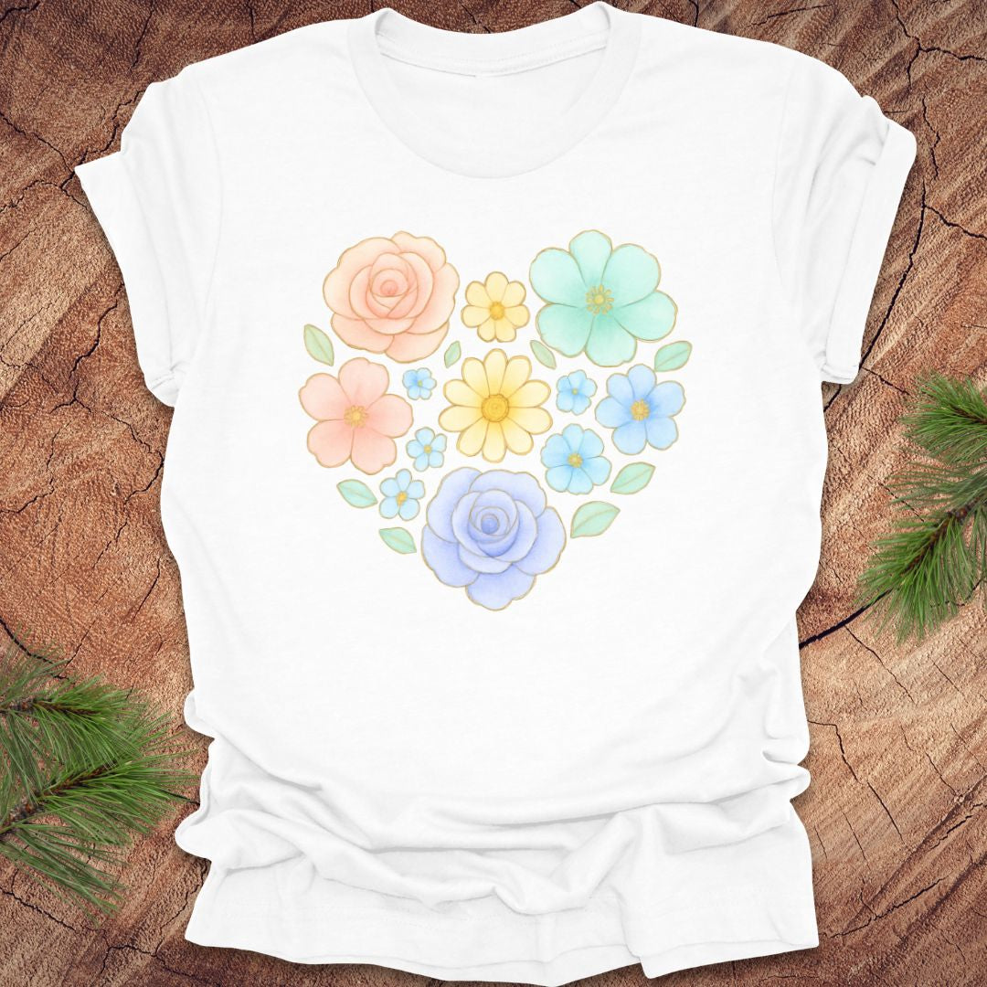 White t-shirt with a colorful floral heart design on a wooden surface.