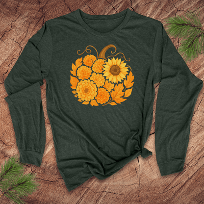 Green long-sleeve shirt with a pumpkin design featuring sunflowers on a wooden surface.