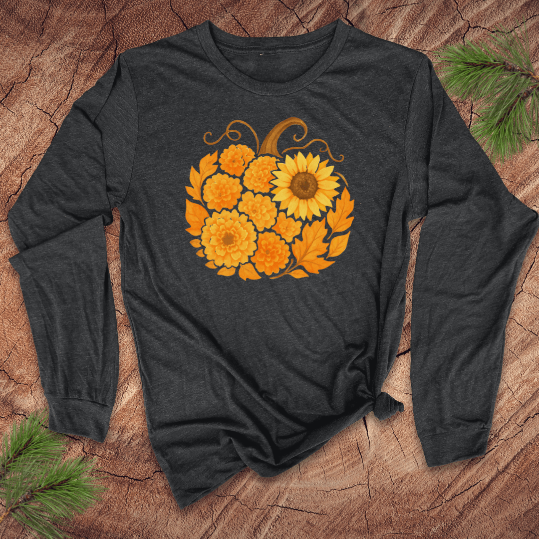 Dark gray long-sleeve shirt with a sunflower pumpkin design on a wooden surface