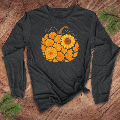 Dark gray long-sleeve shirt with a sunflower pumpkin design on a wooden surface